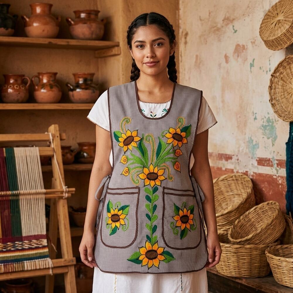 Mexican Embroidered Smock Apron – Floral Traditional Design 28 X 19 IN